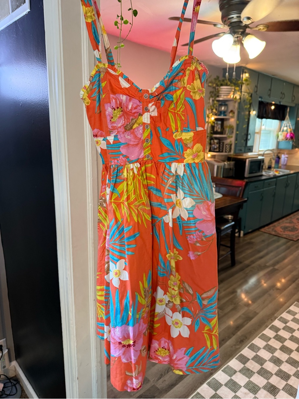 Maurices XS Tropical Floral Sundress Coral Orange Button Front Summer Dress